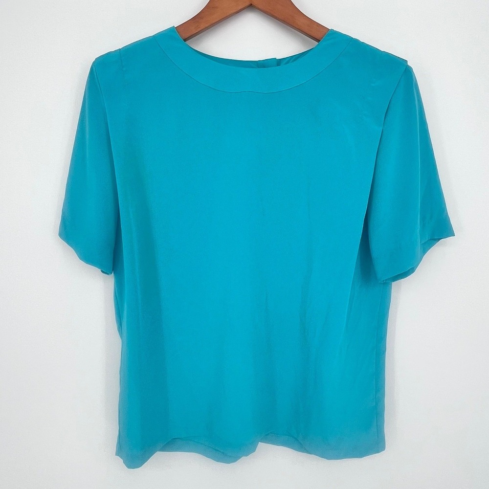 Vintage Lady Sansabelt Turquoise Blue Short Sleeve Blouse Top Size 4 Lightweight